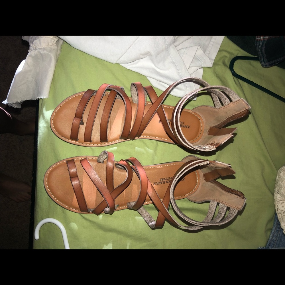 Cute strappy brown sandals.